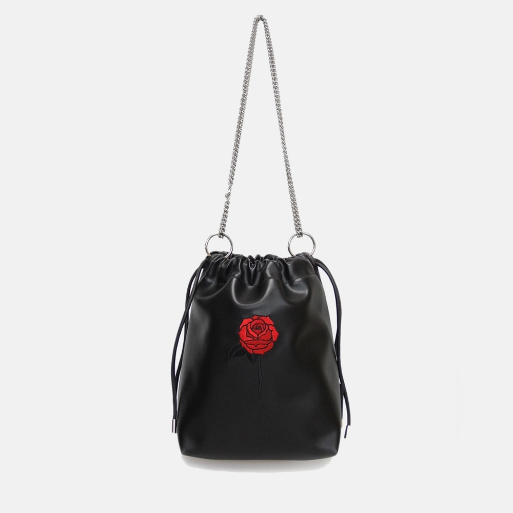 SAMO ONDOH Black Bucket Crossbody Bag Embroidered Red Rose Patch Silver Chain